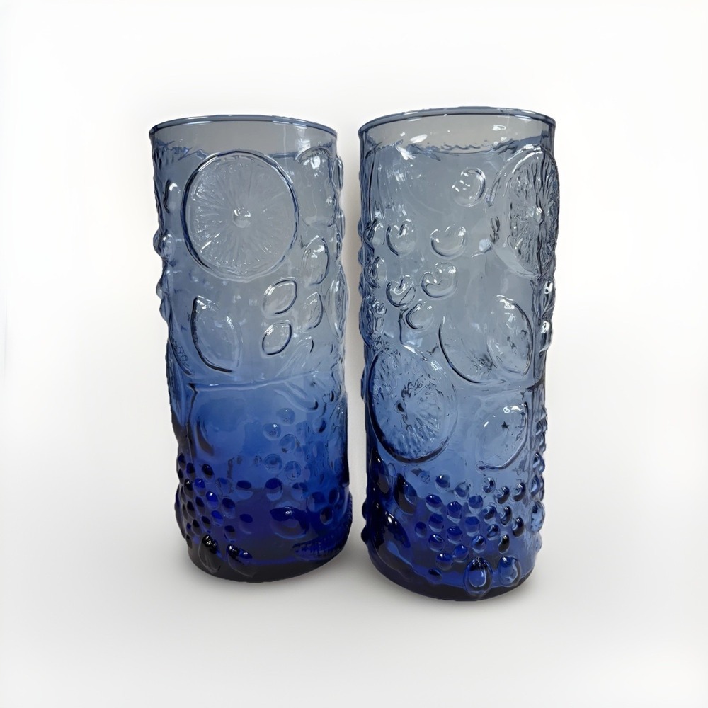 Vintage Neiman Marcus Cobalt Blue Fruit Tumblers Drinking Glasses Set of 2